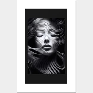 Abstract art of woman with psychedelic lines of light silver, and dark hues Posters and Art